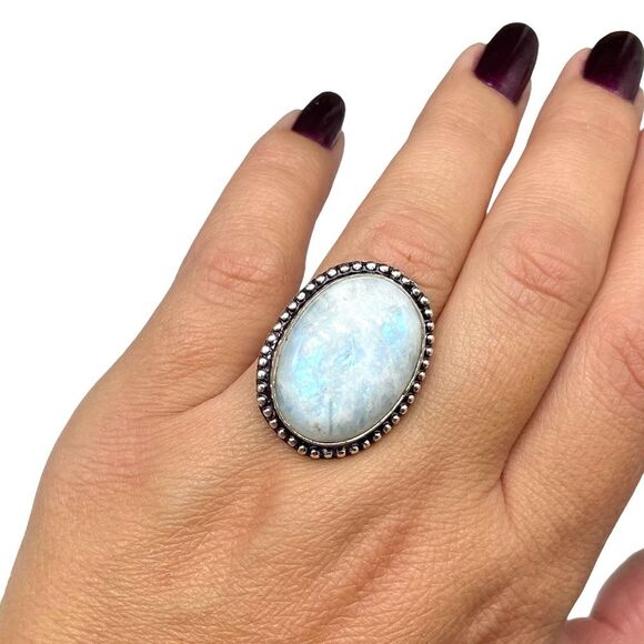 Blue Flash Rainbow Moonstone Ring Size 6 925 Sterling Silver Overlay Oval Stone - Picture 2 of 6